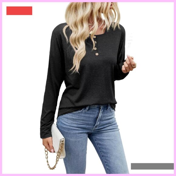 Long Sleeve Henley Top Loose Fit Casual Tee Women's Fall Fashion - Picture 3 of 4